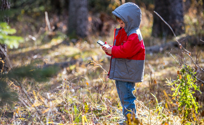 ett barn i skogen med en mobiltelefon.